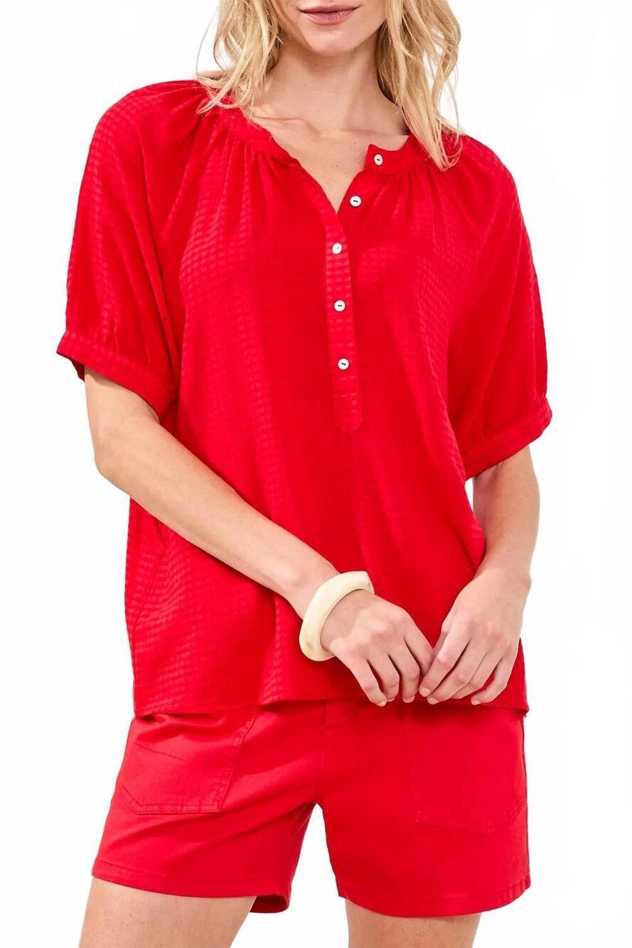 NEW TRIBAL gingham semi-sheer notch neck blouse with button detail in sangria
